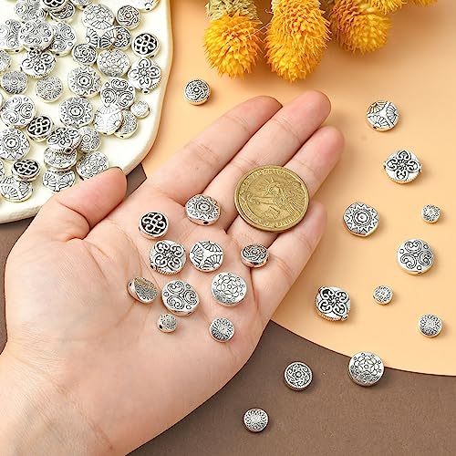 DanLingJewelry 100Pcs 10 Styles Antique Silver Flat Round Beads with Flower & Star Pattern Tibetan Round Beads for DIY Jewelry Craft Making - color: 100pcs - round - 10 styles