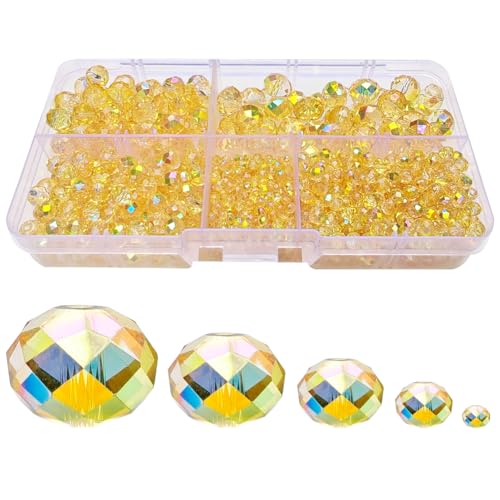 Shiny Gold Rondelle Glass Beads for Jewelry Making, Faceted Briolette Crytal Spacer Beads for Bracelet Necklace Earring (2mm 4mm 6mm 8mm 10mm Mixed Sizes, 1000pcs) - color: Shiny Gold
