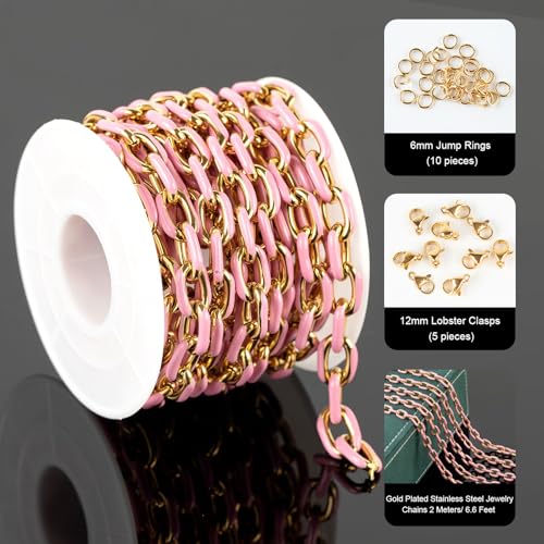 UMAOKANG 2 Meters Pink Enamel Paperclip Chains for Jewelry Making Gold Plated Stainless Steel Jewelry Chain for Necklace Bracelet DIY Jewelry Supplies Findings - color: Pink