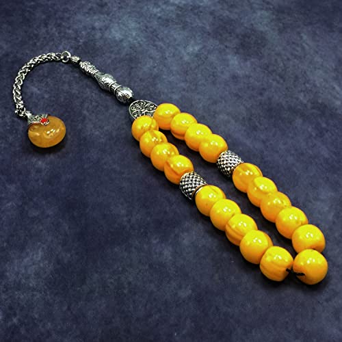 Simple Designed Natural Stone Worry Beads - Prayer Beads Tesbih-Tasbih-Tasbeeh-Misbaha-Subha-Sebha-Sibha-Rosary (Yellow Resin Drum -13X9 mm- 19 Big Beads) - color: Yellow Resin Drum -13X9 mm- 19 Big Beads