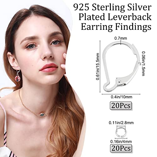 Beebeecraft 1 Box 20Pcs Leverback Earring Findings 925 Sterling Silver Plated French Earring Hooks 15.6x10mm Ear Wire Clip Earring Connector with 20Pcs Open Jump Rings for Jewelry Making - color: Silver