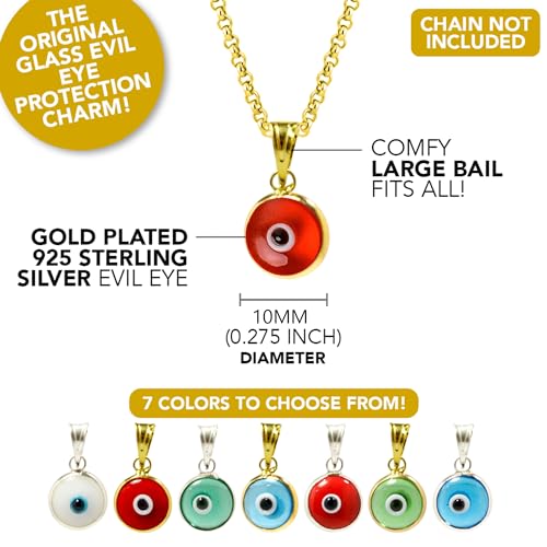 MIZZE Made for Luck Gold Plated 925 Sterling Silver 10 MM Round Glass Evil Eye Charm Pendant - 7 Colors to Choose from - color: Transparent Red
