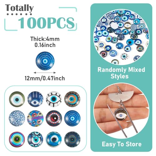 100Pcs/Set Flat Round Transparent Glass Cabochons with Pattern Eye Flatback Glass Dome Flatback Cab Beads for Photo Cameo Jewelry Making Necklace Ring DIY Crafts 12x4mm Blue Eye - color: 100Pcs-12x4mm-Blue Eye