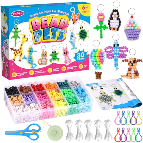 Beads for Crafts, Pony Beads Keychain Making Kit, Funtopia Bead Pets Art Crafts for Kids Beginners, Birthday Party DIY Craft for Girls Boys (1500 Bead, 30 Designs) - color: 1.Solid Color Normal Size, size: Normal Size