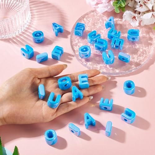 FASHEWELRY 50Pcs Large Acrylic Letter Beads UV Plating Iridescent Vowel Alphabet Beads 3D Initial Slider Bead with Horizontal Hole for Bracelets Necklace Keychains Jewelry Making - Sea Blue - color: Sea Blue