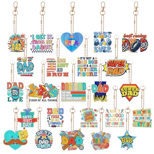Huquary 24 Sets Father's Day Diamond Art Painting Keychains Kits 5D Dad Diamond Art Keyrings Charm Pendants for Adults Dad DIY Craft Gifts for Father's Day Daddy Birthday Party Favors Bags Decor - style: Dad