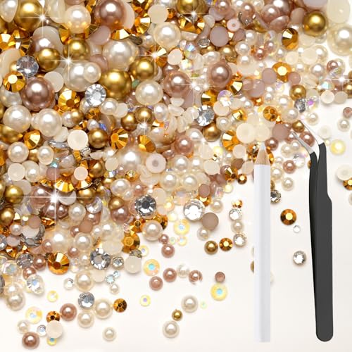 80g Mix Flatback Pearls and Rhinestones for Crafts Champagne Gold Mixed Size 2mm-10mm Half Round Pearls Rhinestones for Nail Art Tumblers Shoes DIY Bedazzling with Tweezers Wax Pen - color: Champagne Gold