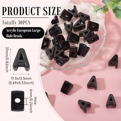 Craftora 30Pcs Black Acrylic Slider Letter A Bead Block Charm Chunky Bubble Alphabet Bead Large Hole Initials Beads for Keychain Bracelet Necklace Jewelry Making - color: Letter A