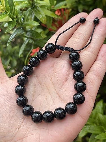 GAF TREASURES Grade A ++ Gemstone Round Bead Adjustable Bracelet 10mm, Genuine Crystal Bead Bracelet, Gift for Men & Women - color: Black Obsidian