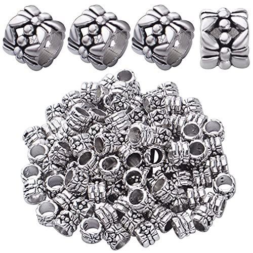 BronaGrand 100pcs Large Hole Antique Silver Flower Bead Spacers Alloy Tube Beads for DIY Necklace Bracelet Jewelry Craft Making Accessory - color: Silver1