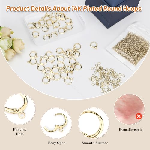60 pcs 14 K Gold Plated Earring Hooks with 90 Jump Rings Hypoallergenic Tarnish Resistant Huggie Round Hoops for Earring Making - style: 14 K Gold Hoops