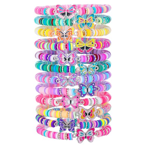 Friendship Bracelets Boho Stackable Bracelets for Women Surfer Heishi Clay Bead Bracelets Stretch Preppy Bracelets Colorful Boho Bracelets for Women - color: 12pcs Clay Butterfly