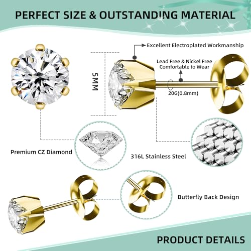 Nunpag 12 Pcs Ear Piercing Kit Disposable Ear Piercing Gun Kit with 4 Pcs 6 Prong Setting Cubic Zirconia Earrings Stud 316L Stainless Steel Easy to Use at Home Self Ear Piercer Gun Kit Tool - color: Gold