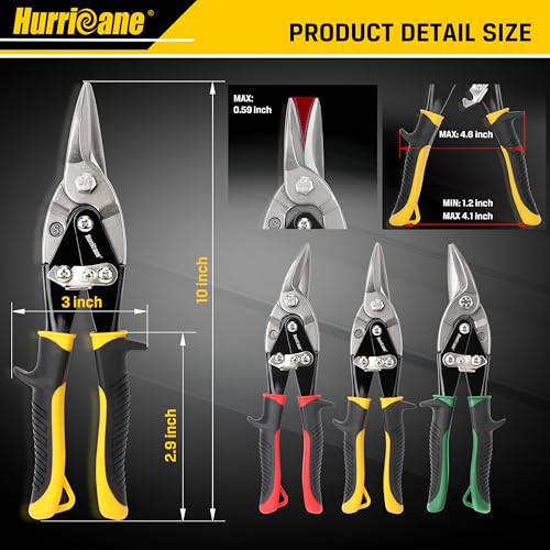 HURRICANE 3 pc Aviation Tin Snips Set, 10 inch Metal Cutter Shears for Cutting Sheet Metal, Cr-V Blades, Straight Left and Right Aviation Snips, with Ergonomical TyreGrip Handle and Safety Latch - size: 3 Piece Regular Set: Straight, Left, Right