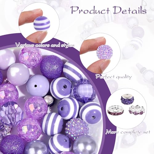 35 Pcs Chunky Bubblegum Beads 20mm Focal Pen Large Rhinestone Pearl Bead with Rhinestone Large Hole European Spacer Bead for DIY Beadable Pen Jewelry Making Keychain Craft Making(Purple) - color: Purple