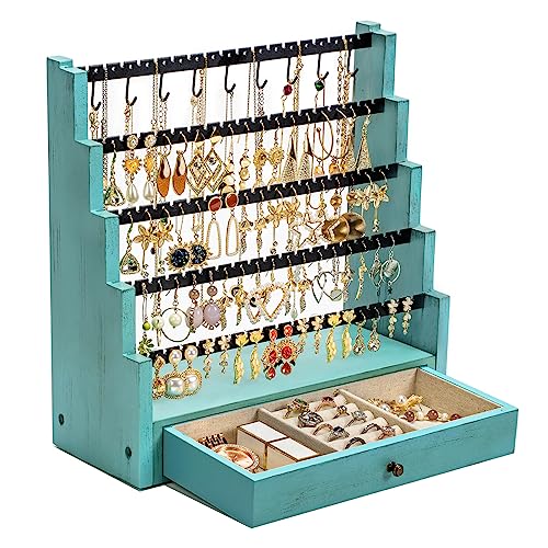 Pinzoveco Earring Organizer, 5 Layer Earring Holder Organizer with Necklace Holder Pole, Rustic Wood Jewelry Organizer Stand Display for Stud Earring Bracelet Necklace Ring, 175 Earring Holes - color: Teal