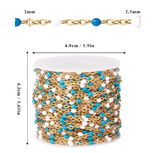 33 Feet Gold Enamel Chains Bulk, 2mm 18K Gold PVD Plated 304 Stainless Steel Blue White Enamel Beaded Cable Link Chain Roll Spool for Jewelry Making - color: Gold Blue White Beads