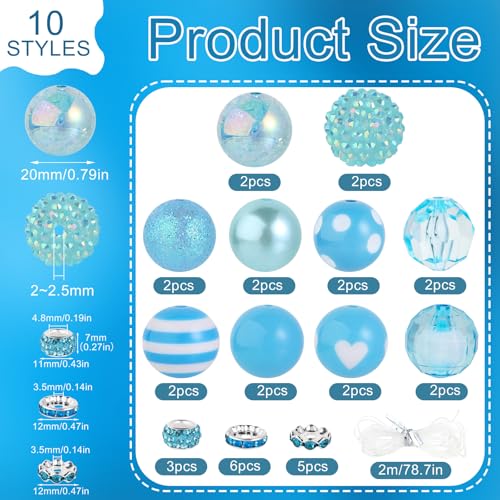 35 Pcs Chunky Bubblegum Beads 20mm Focal Pen Large Rhinestone Pearl Bead with Rhinestone Large Hole European Spacer Bead for DIY Beadable Pen School Jewelry Making Keychain Craft Making(Lake Blue) - color: Lake Blue