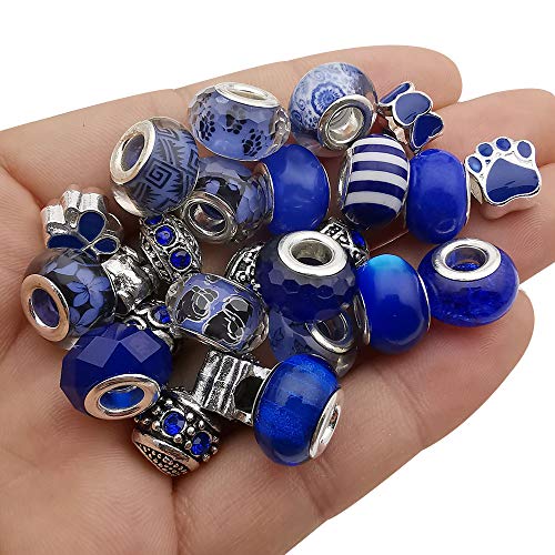 50pcs Assorted Dark Blue Resin Imitation Glass European Large Hole Beads Rhinestone Metal Spacer Charms Bead Assortments for DIY Crafts Bracelets Necklaces Jewelry Making (M572-Dark Blue) - color: Blue