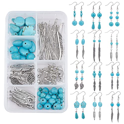 SUNNYCLUE 1 Box DIY 12 Pairs Turquoise Bead Dangle Earrings Making Kit Alloy Enamel Leaf Feather Pendants Charms with Eye Pin & Earring Hooks for DIY Earring Jewelery Making, Antique Silver - color: 1 Box Diy 12 Pairs Turquoise Bead Earrings Kit