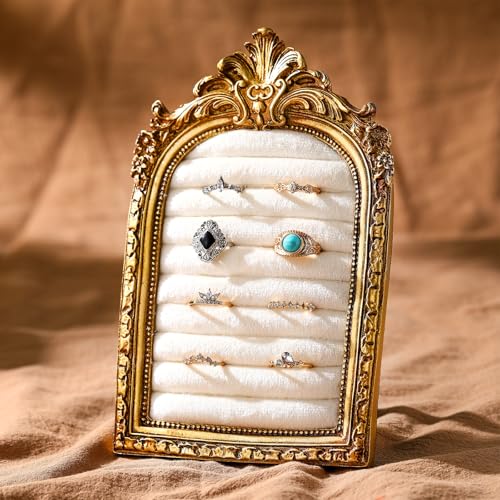 Liliaafar Vintage Ring Holder Arch Gold Ring Wedding Display Suede Jewelry Box Stand Frame Earring Tray Anniversary Engagement Baroque Organizer Photograph Prop for Women Birthday Christmas Gift - color: Gold, style: Arch