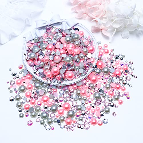 60g Mixed Pearls and Rhinestones, Flatback Rhinestones and Pearls for Nails Face Art, Crafts Tumblers Shoes, Light Pink|Light Gray|Silver - color: Pink Elephants | Mix Light Pink | Light Gray | Silver