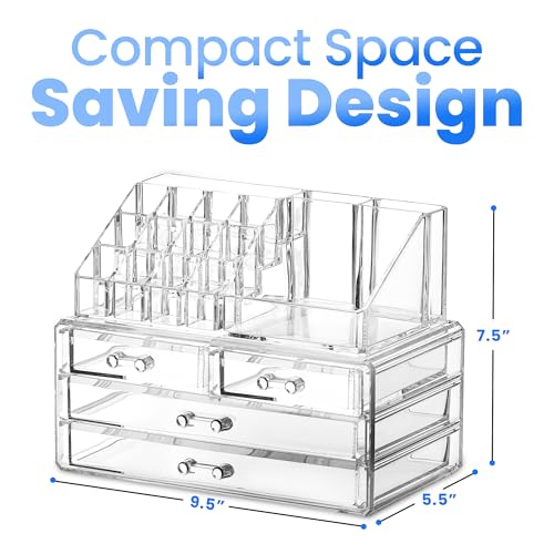 Masirs Clear Makeup Organizer - 16-Compartment Cosmetic and Jewelry Holder with 4 Drawers - Vanity Storage Box for Makeup, Skincare, Accessories, and Jewelry Display - size: 4-drawer | 16 Compartments