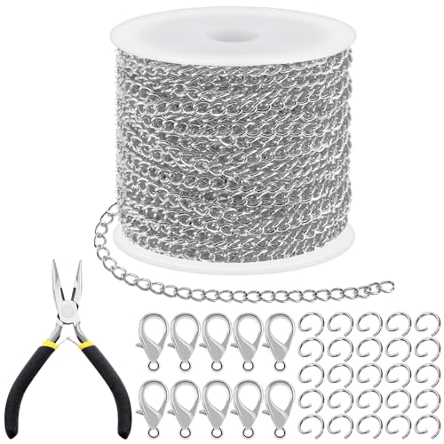 Tanstic 102Pcs 30 Feet Jewelry Making Chains Necklace Chains Bulk Cable Link Chain with 50Pcs Jump Rings, 50Pcs Lobster Clasps, Pliers for Bracelet Necklace Making(White) - color: White
