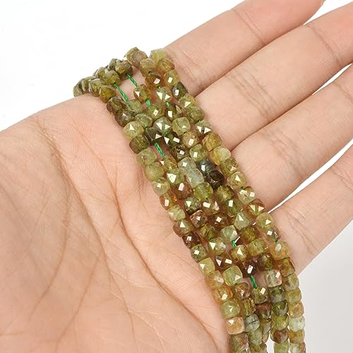 Natural Green Garnet Gemstone 4mm Faceted Cube Square Loose Beads 16 Inch for DIY Jewelry Making Beads - color: Green Garnet