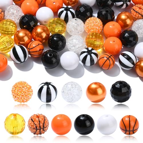 LiQunSweet 50 Pcs 20mm Basketball Theme Acrylic Chunky Beads Sports Bubblegum Disco Ball Beads for DIY Jewelry Making Bag Party Decorations - color: Basketball Theme Bubblegum Beads_50 Pcs