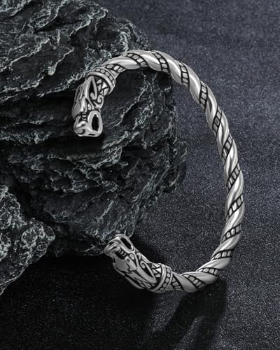Stainless Steel Cuff Bracelet,Retro Gothic Punk Biker Cool Open Adjustable Cuff Bangle Bracelets Jewelry for Men Silver - style: Norse Viking Wolf