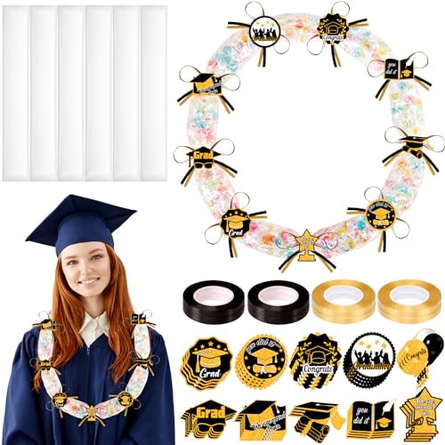 28PCS Black and Gold Graduation Decorations 2026 Candy Leis Making Kit - Hawaiian Congrats Grad Necklaces Party Supplies (Assembly Needed, Candy not Included)