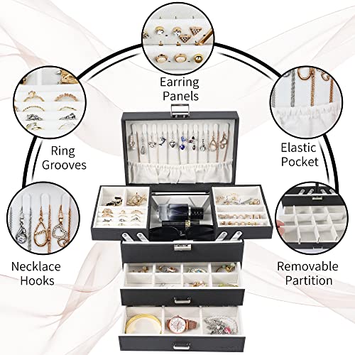 Dajasan Jewelry Organizer Box, Large Jewelry Boxes for Women Girls, Space-Saving 4 Layers Jewelry Storage Case with Drawer, Movable Metal Stand, Modern, Gift Idea (Black + Silver) - color: Black + Silver