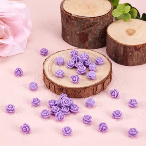 Beadthoven 50pcs Opaque Resin Rose Flower Beads MediumPurple Floral Flat Base Cabochons Embellishment for DIY Scrapbooking Jewelry Making 9x7mm Hole: 1mm - color: MediumPurple#9x7mm-50pcs