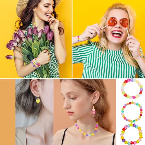 560Pcs Candy Color Pastel Beads Acrylic Heart Beads Stars Beads Colorful Pony Beads Round Beads Cute Loose Plastic Beads Bulk for Jewelry Making DIY Craft Necklace Rainbow Bracelet(Jelly Color Beads)