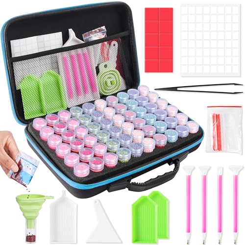 MERATIA 60 Slots Diamond Painting Storage Container, Diamond Art Kits for Adults Stackable Bead Organizer with Carrying Handle, Craft Storage Box with Accessories (Blue-60 Slots) - color: Blue-60 Slots