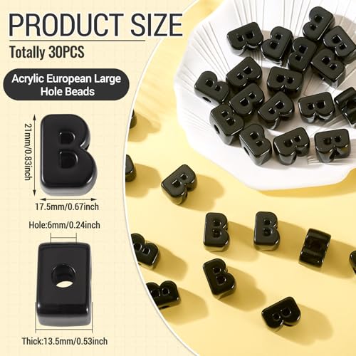 30Pcs Large Hole Letter Beads Black Acrylic European Beads 3D Letters B Chunky Bead Initial Alphabet Bead for Key Chains Bracelets Necklace DIY Craft Bag Charm Kit Arts Projects - color: Black-B