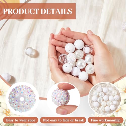 Ferreve 20 Pcs Chunky Bubblegum Beads 20mm Focal Pen Large Rhinestone Pearl Beads for DIY Beadable Pen School Jewelry Making Keychain Craft Making(White) - color: White