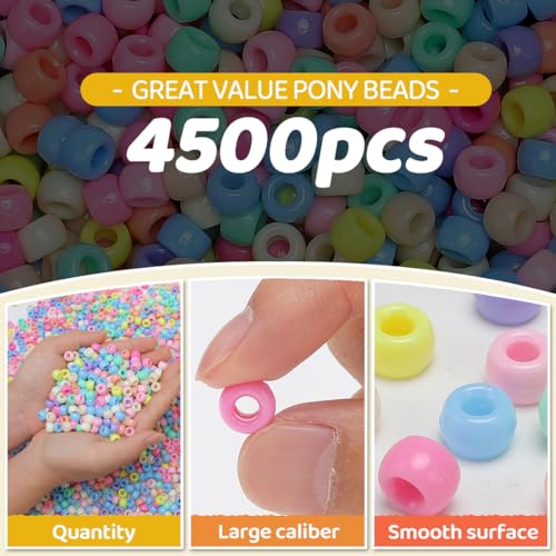 Pony Beads 2.5 lb – 4500+ Macaron 6x9mm Plastic Kandi Beads in Handle Bucket for Craft Supplies,Jewelry Making, Bracelets, Hair Braiding & DIY Projects - color: Macaron, size: Large