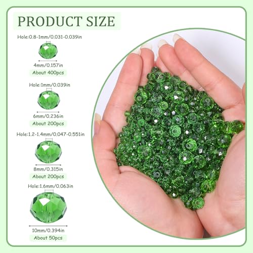 850Pcs 4/6/8/10mm Crystal Glass Beads for Jewelry Making Faceted Rondelle Flat Beads for Bracelets Necklace Earrings DIY Crafts(Green Crystal Bead) - color: Green