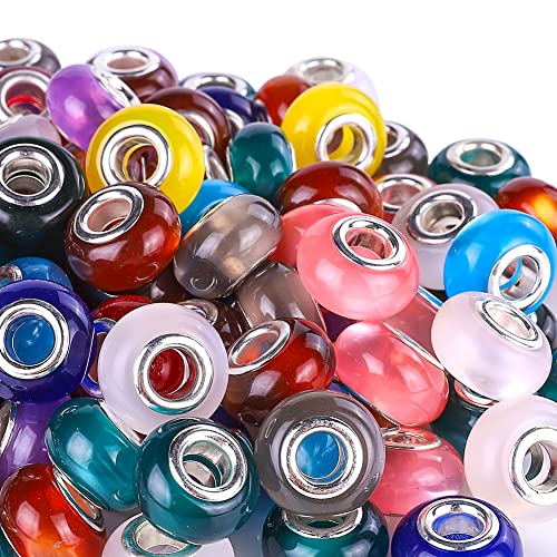 100 Pieces 14mm European Large Hole Spacer Beads Mix Color with Silver Brass Cores Assortments Charm Lampwork Beads Supplies for Necklace Bracelets Jewelry Making (Cat Eye) - color: Cat eye