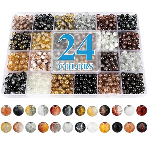 XSEINO About 1200PCS 6mm Crack Glass Beads,24 Assorted Crack Earthtone Blackwhite Series Colorful Crystal Beads for Bracelet and Jewelry Making and DIY Crafts,Friendship Bracelets - color: Black White