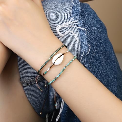 KELITCH Adjustable turquoise bead bracelet single color knitting friendship bracelet fashion jewelry daily wear gift (28 color selection) - color: Dark Green 04O