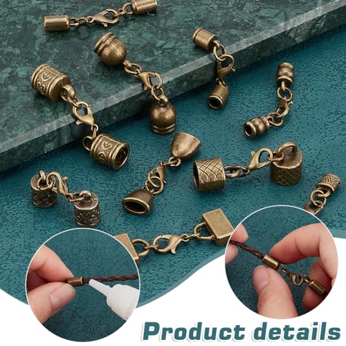 PH PandaHall 10 Styles Tibetan End Caps, 20 Sets Leather Cord End Caps Alloy Tube Barrel End Tip with Lobster Clasp Rope End Caps with Ring Connector for Necklaces Bracelet Jewelry Making