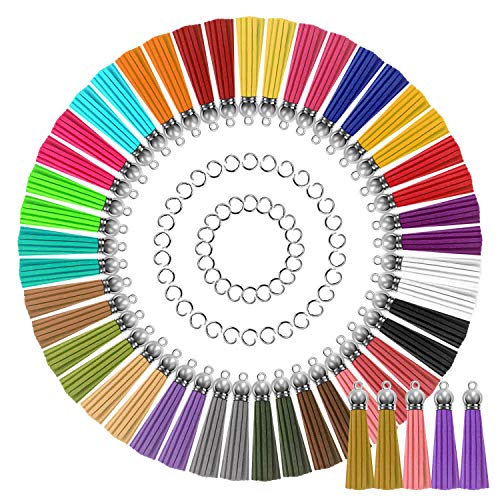 Paxcoo Tassels for Jewelry Making, 50pcs Leather Tassel Keychain Charms Bulk with 50pcs Jump Rings for Jewelry Making, Bracelets, Acrylic Key Chain Blanks and Craft Supplies - size: 55 mm