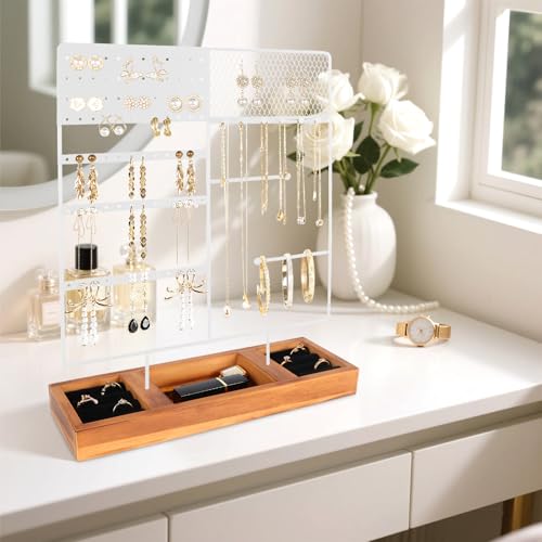 Jewelry Holder Organizer Stand, 4 Tier Earring Organizer with 84 Holes Ear Stud, Jewelry Display with Earring Necklace Bracelet Holder, Jewelry Organizer Holder with Wood Basic stand (White+Brown) - color: White+Brown