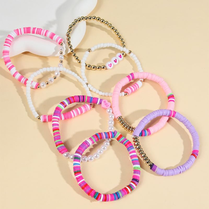 COLORFUL BLING 5-12Pcs Bohemian Love Heart Bead Bracelets for Women Vinyl Disc Heishi Surfer Stackable Stretch Bracelet Summer Beach Boho Jewelry - color: 8pcs purple pearl