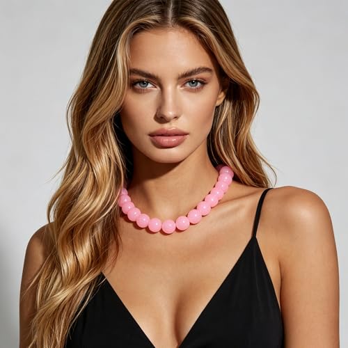 Chunky Acrylic Resin Beaded Necklace for Women Colorful Large Round Choker Adjustable Stack Acrylic Beads Necklace Resin Summer Party Jewelry - style: Pink