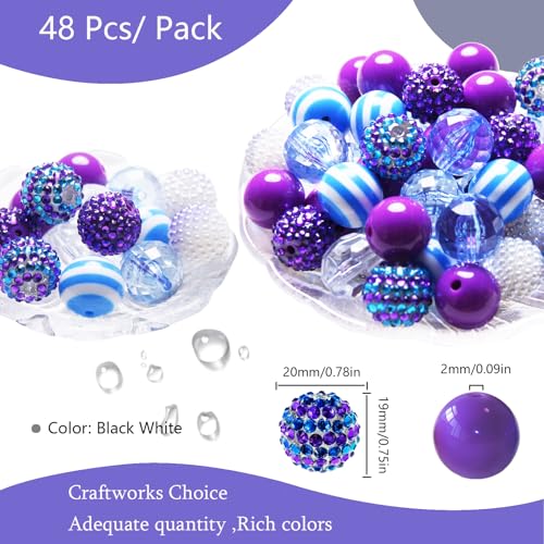 48 Pcs 20mm Beads for Pens Rhinestone Bubblegum Beads Blue Purple Crystal Acrylic Round Chunky Bead Sparkly Craft Large Balls Bead for Pen Beadable Keychain Bracelet DIY Jewelry Making Supplies - color: Light Blue