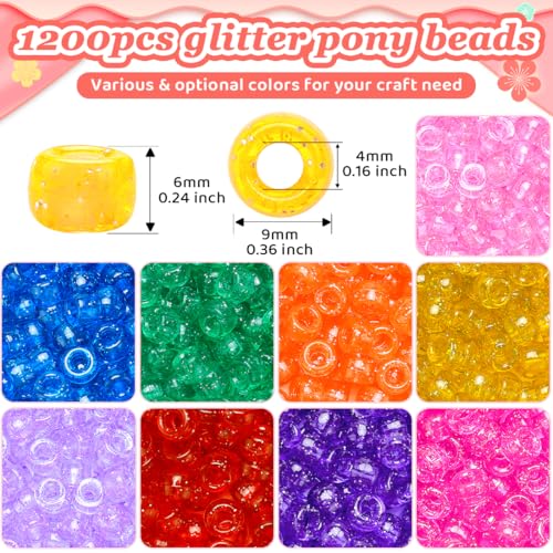 IOOLEEM Glitter Pony Beads,1200pcs Beads for Bracelets Making & Hair braiding, Kandi Friendship Bracelets & Jewelry Making. - color: Glitter-color